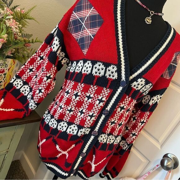 Vintage PBJ Sport 90s 80s Red Blue White Golf Prep Novelty Cardigan Sweater Sz M - Picture 9 of 16